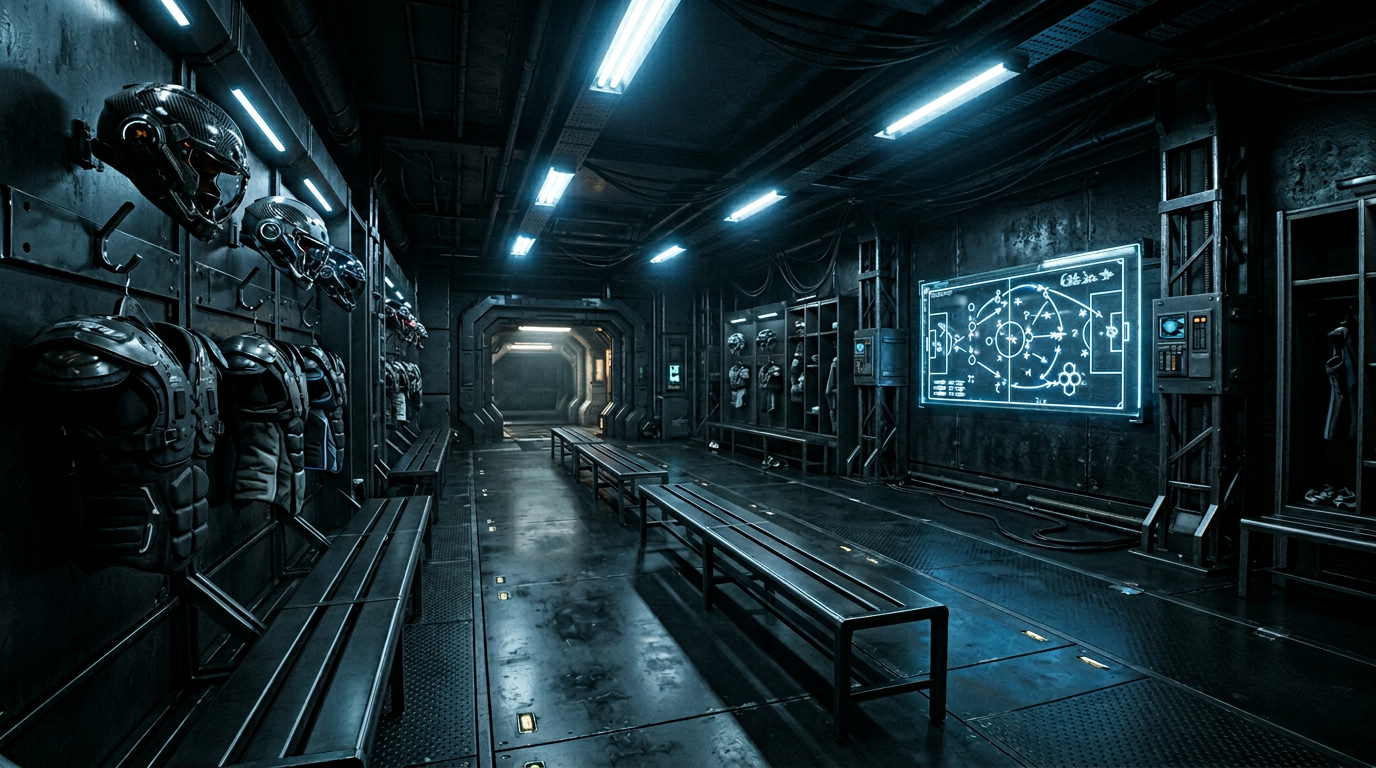 AI generated image of a futuristic Fantasy Football locker room