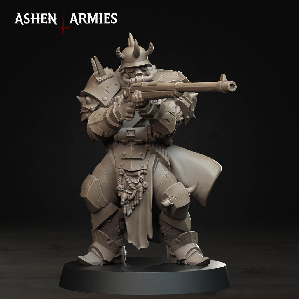 Ashen Armies Hellbound Apostasy Anointed resin miniature with anti-tank rifle and gas mask. Front view.