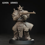 Ashen Armies Hellbound Apostasy Anointed resin miniature with anti-tank rifle and gas mask. Front view.