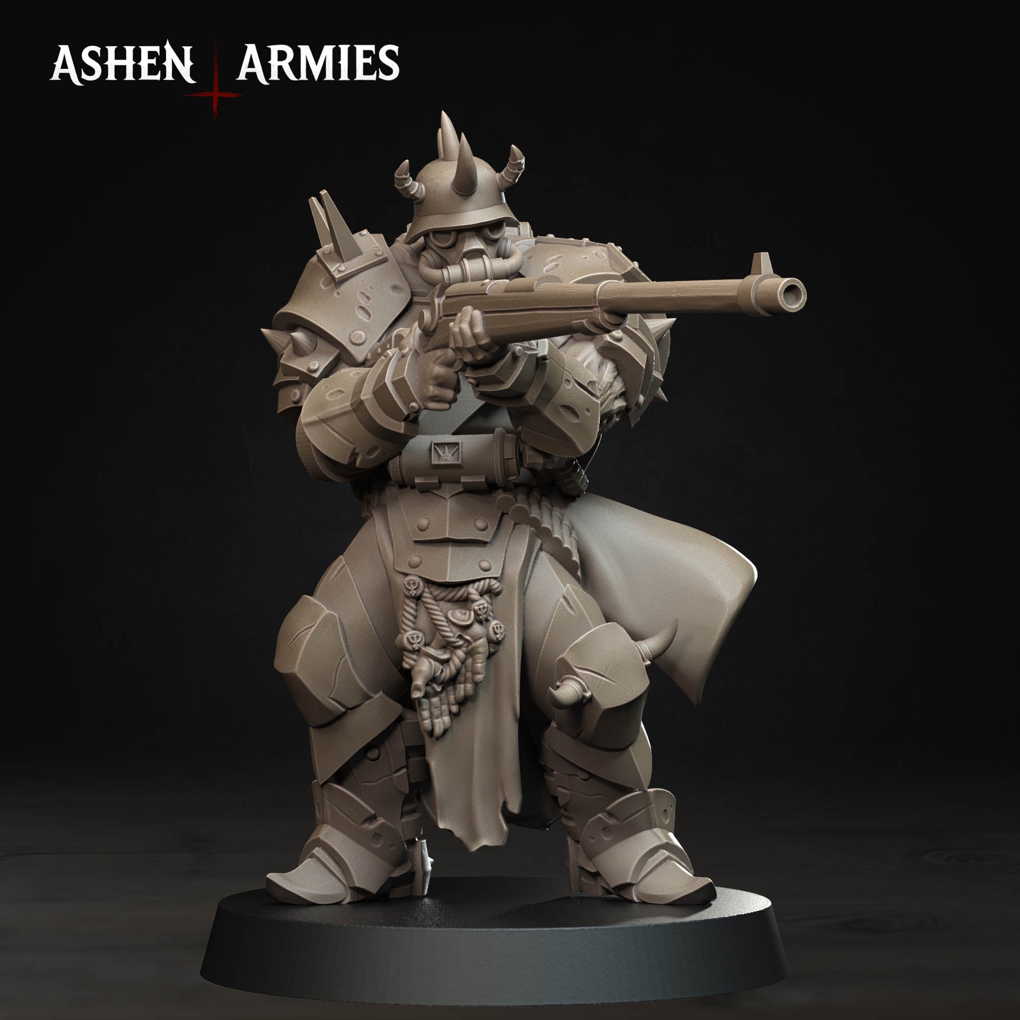 Ashen Armies Hellbound Apostasy Anointed resin miniature with anti-tank rifle and gas mask. Front view.