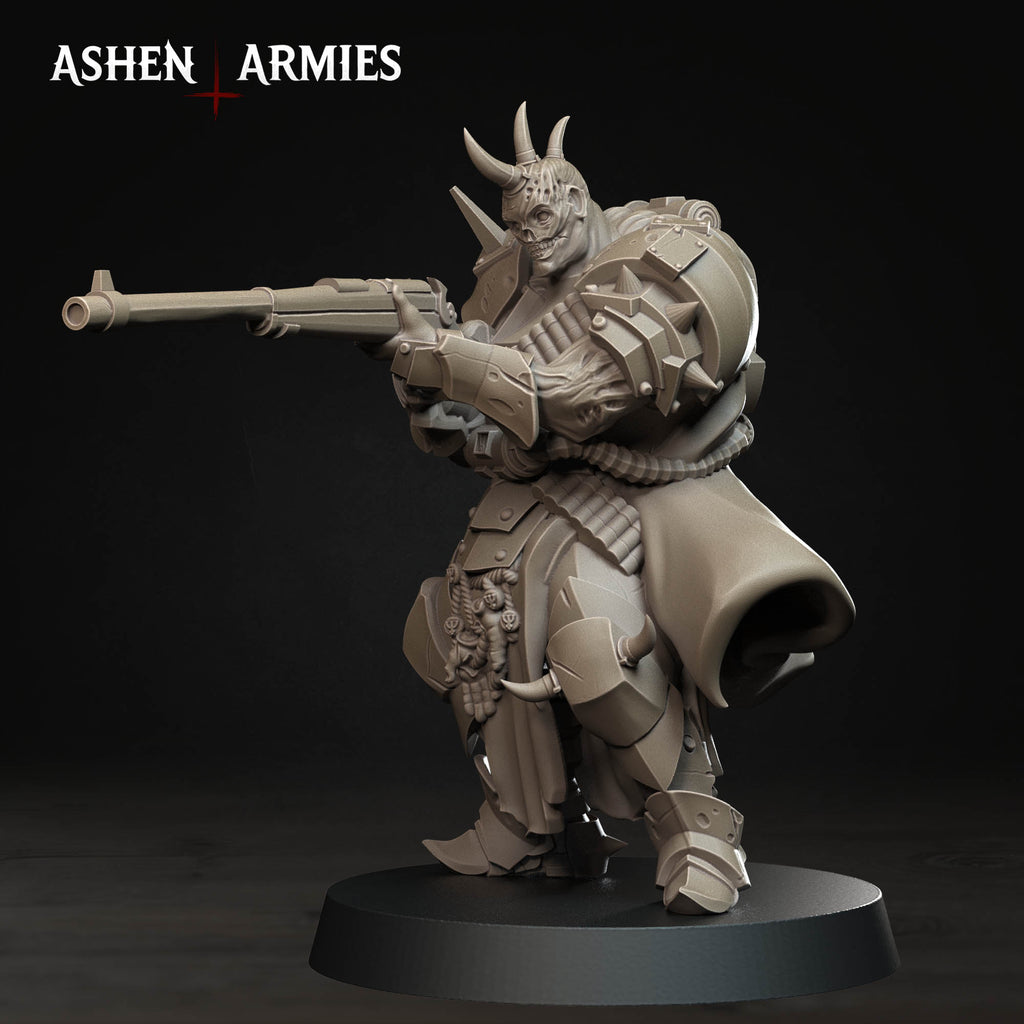 Ashen Armies Hellbound Apostasy Anointed resin miniature. With Anti-Tank Rifle and burned face