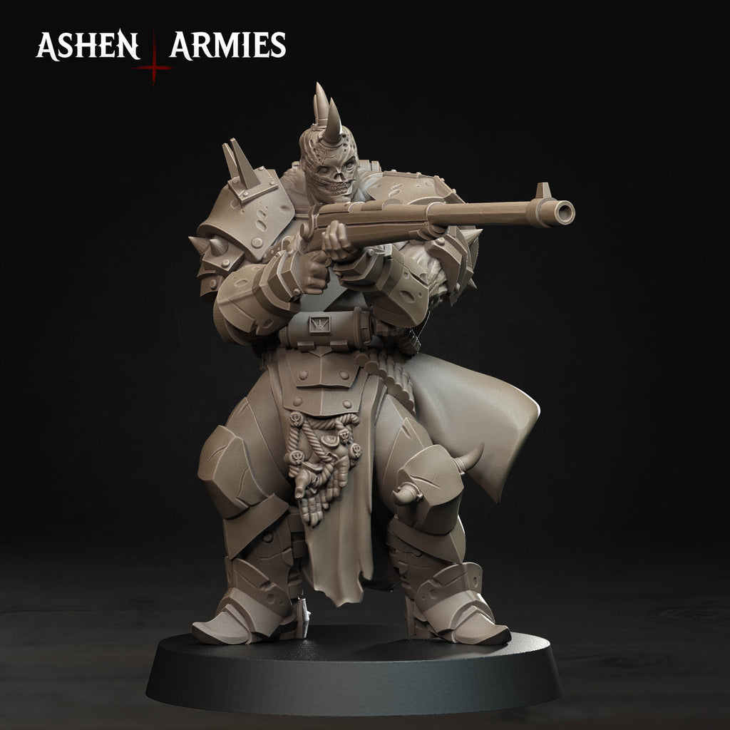 Ashen Armies Hellbound Apostasy Anointed resin miniature with anti-tank rifle and burnt flesh. Front view.
