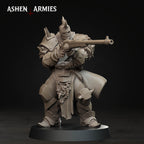 Ashen Armies Hellbound Apostasy Anointed resin miniature with anti-tank rifle and burnt flesh. Front view.