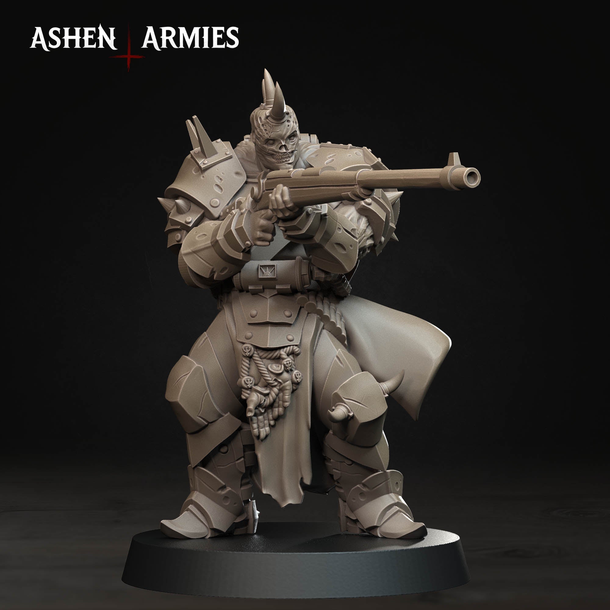 Ashen Armies Hellbound Apostasy Anointed resin miniature with anti-tank rifle and burnt flesh. Front view.