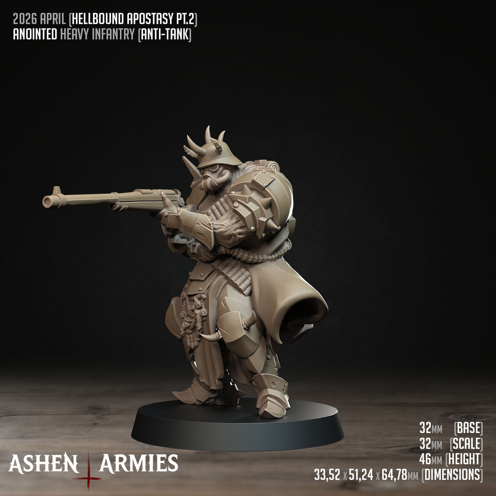 Ashen Armies Hellbound Apostasy Anointed resin miniature with anti-tank rifle and gas mask. Side view showing stats.