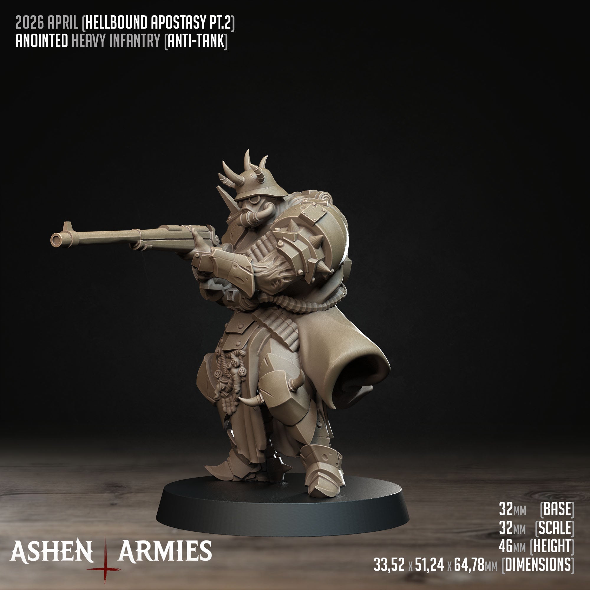 Ashen Armies Hellbound Apostasy Anointed resin miniature with anti-tank rifle and gas mask. Side view showing stats.