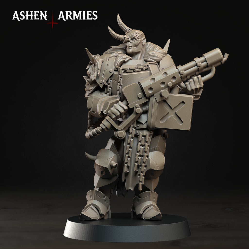 Ashen Armies Hellbound Apostasy Anointed resin miniature. With Flamethrower and horned, burned face