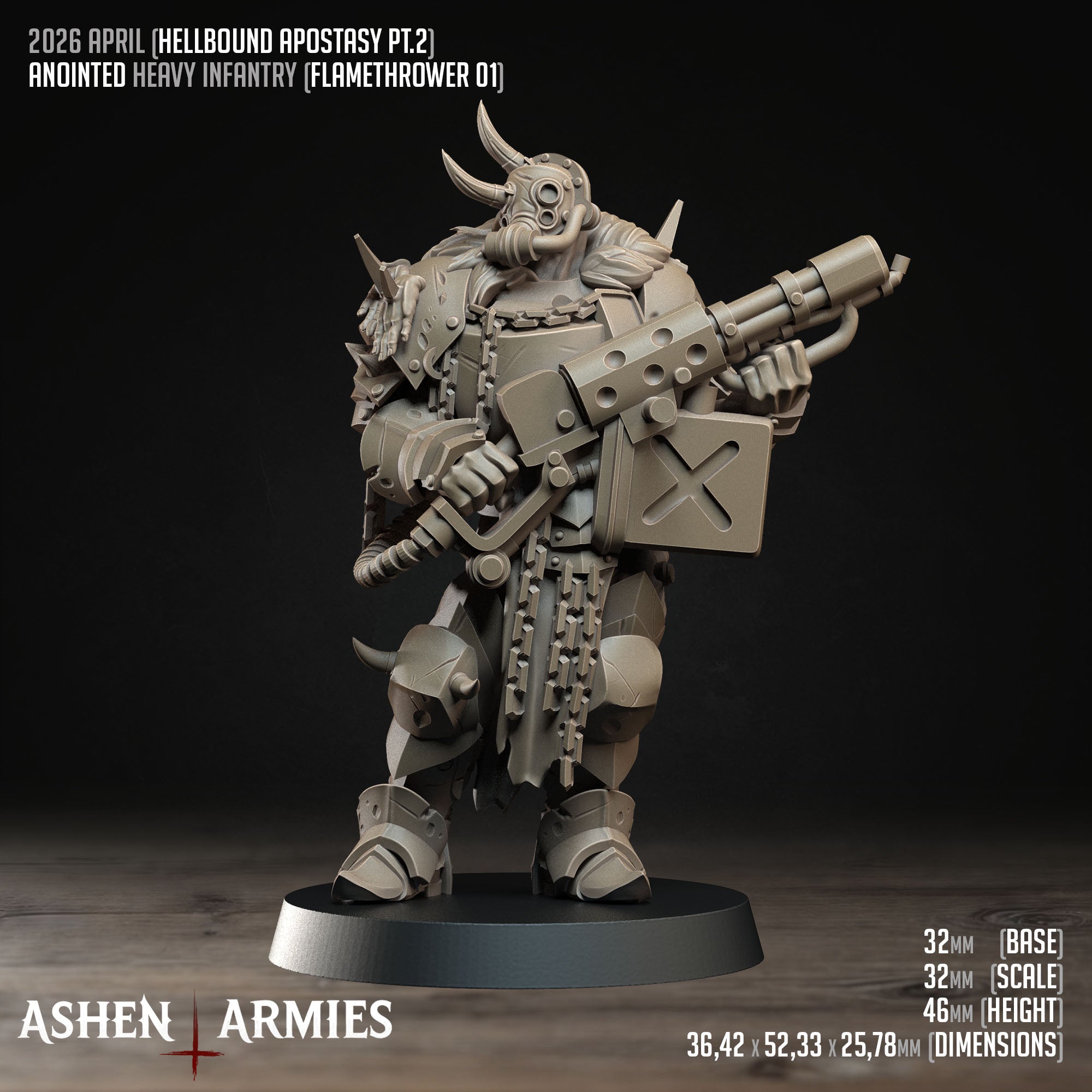 Ashen Armies Hellbound Apostasy Anointed resin miniature with flamethrower and gas mask. Front view posing. Showing stats.