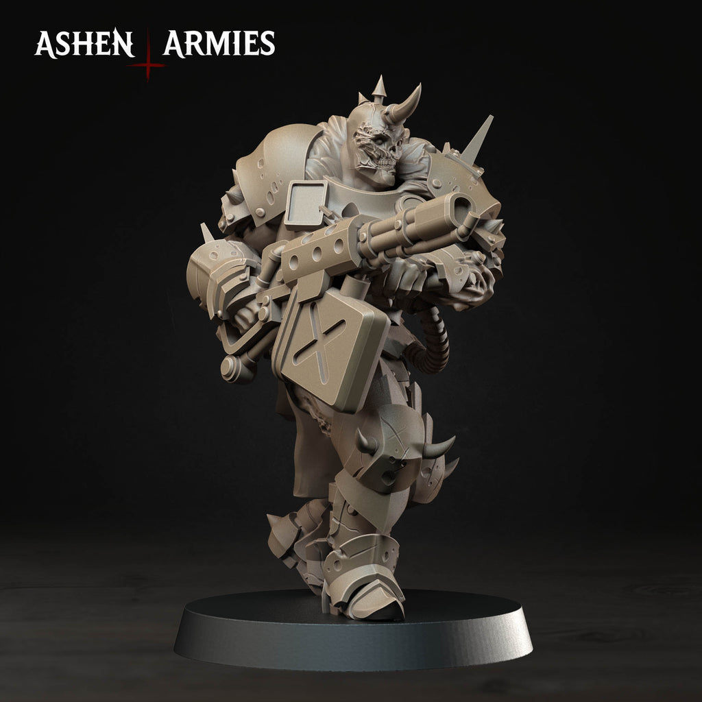 Ashen Armies Hellbound Apostasy Anointed resin miniature with flamethrower and burnt flesh. Side view attacking.