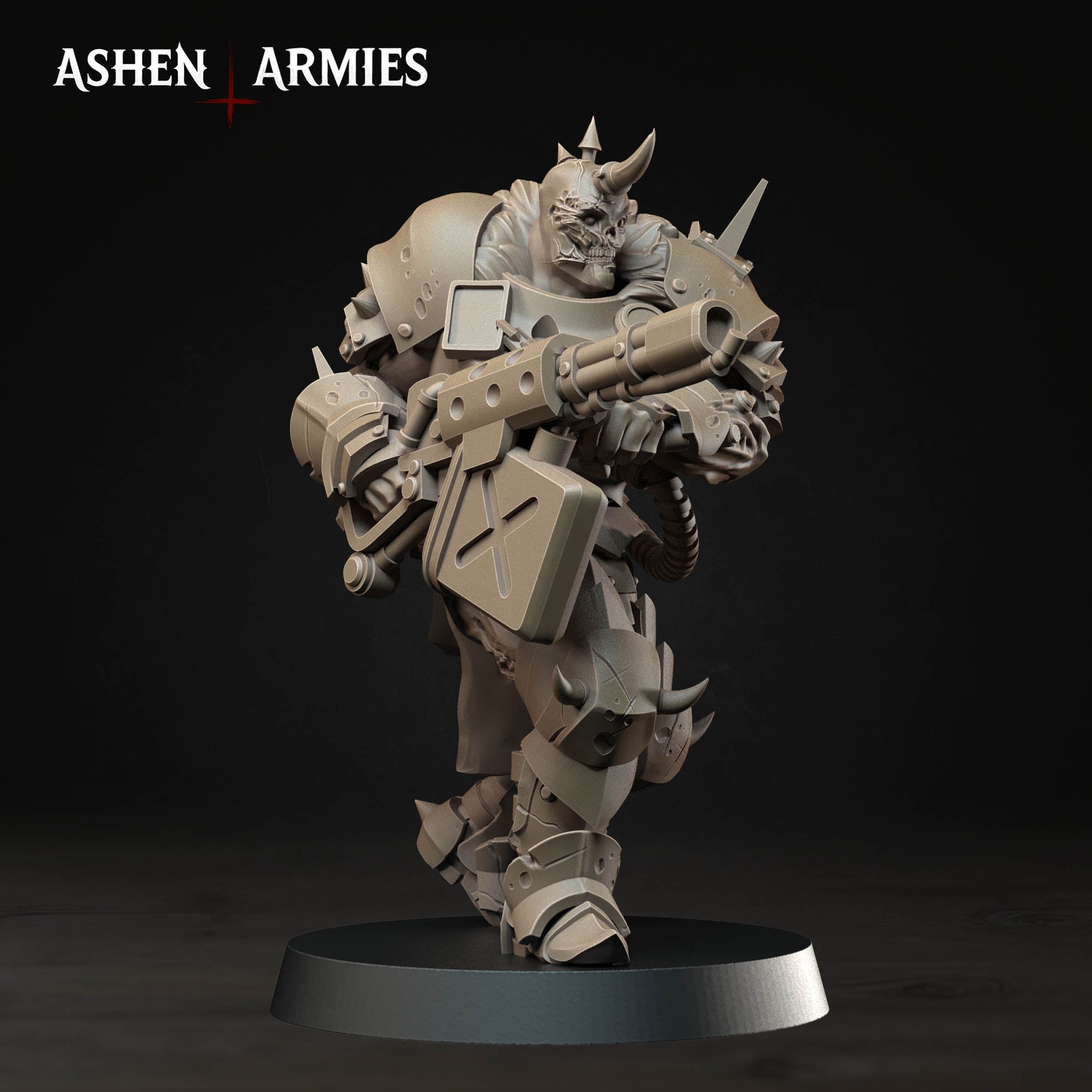 Ashen Armies Hellbound Apostasy Anointed resin miniature with flamethrower and burnt flesh. Side view attacking.