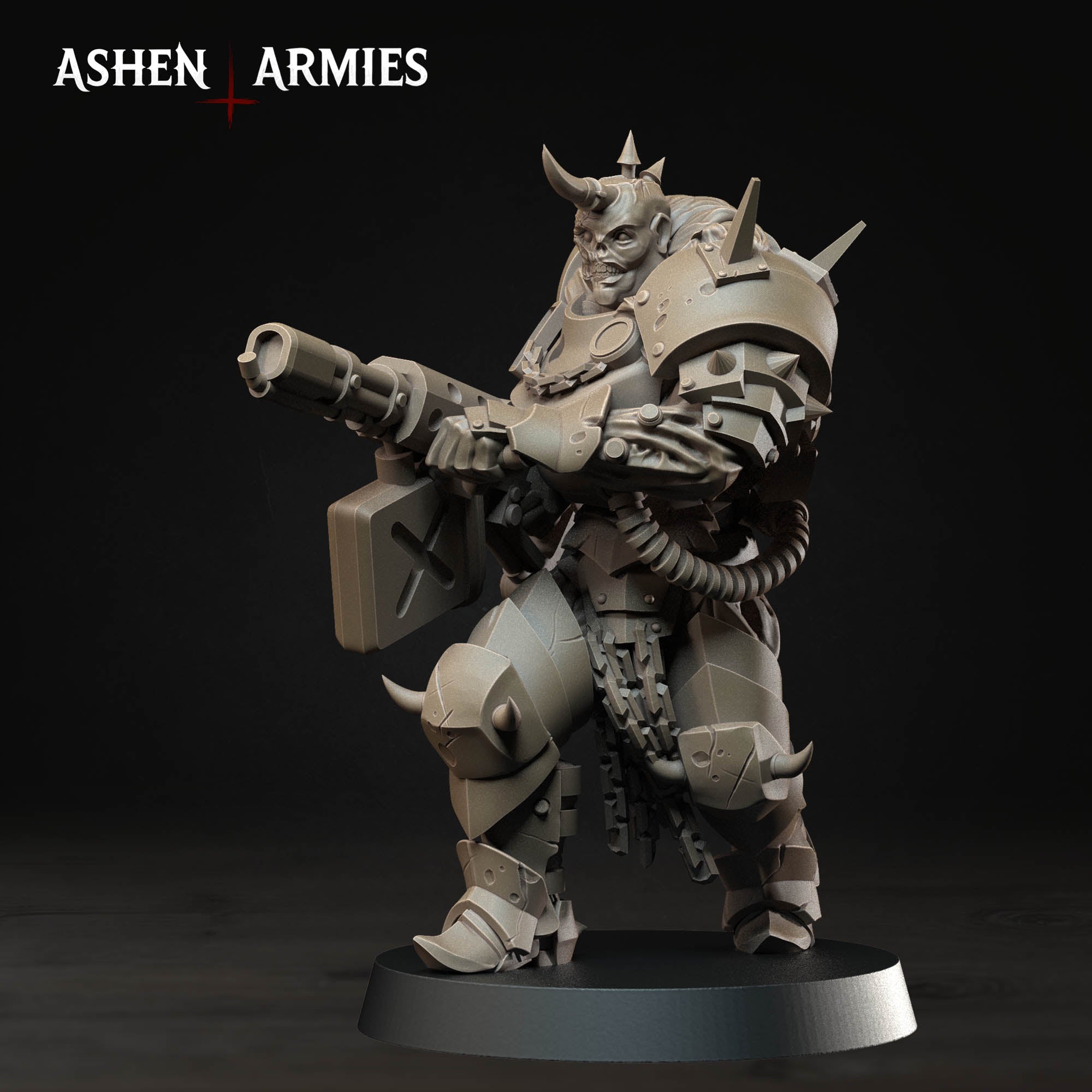 Ashen Armies Hellbound Apostasy Anointed resin miniature with flamethrower and burnt flesh. Attacking.
