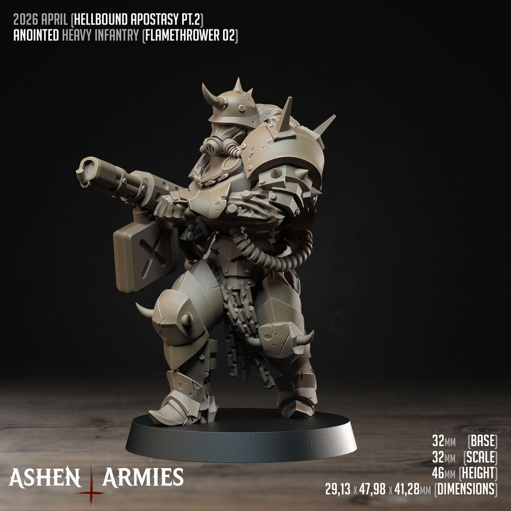 Ashen Armies Hellbound Apostasy Anointed resin miniature with flamethrower and gas mask. Attacking. Showing stats.