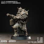Ashen Armies Hellbound Apostasy Anointed resin miniature with flamethrower and gas mask. Attacking. Showing stats.