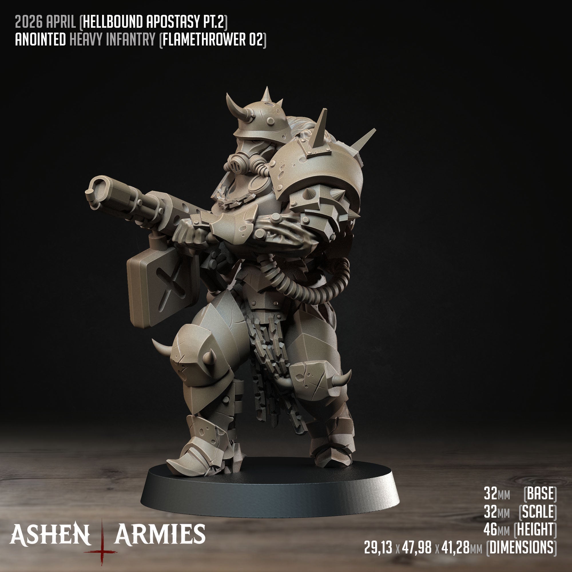 Ashen Armies Hellbound Apostasy Anointed resin miniature with flamethrower and gas mask. Attacking. Showing stats.