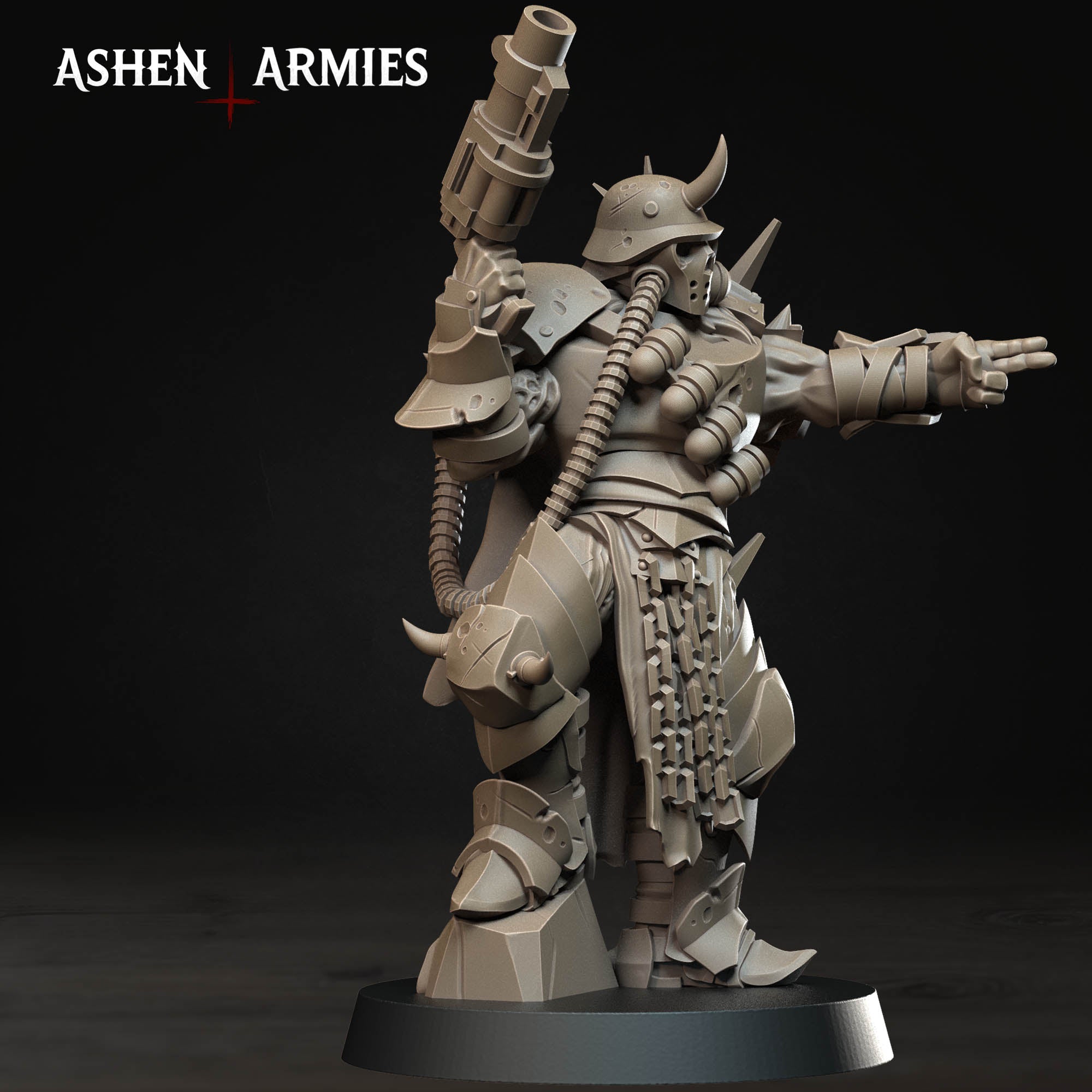 Ashen Armies Hellbound Apostasy Anointed resin miniature with grenade launcher and gas mask. Side view pointing and posing.