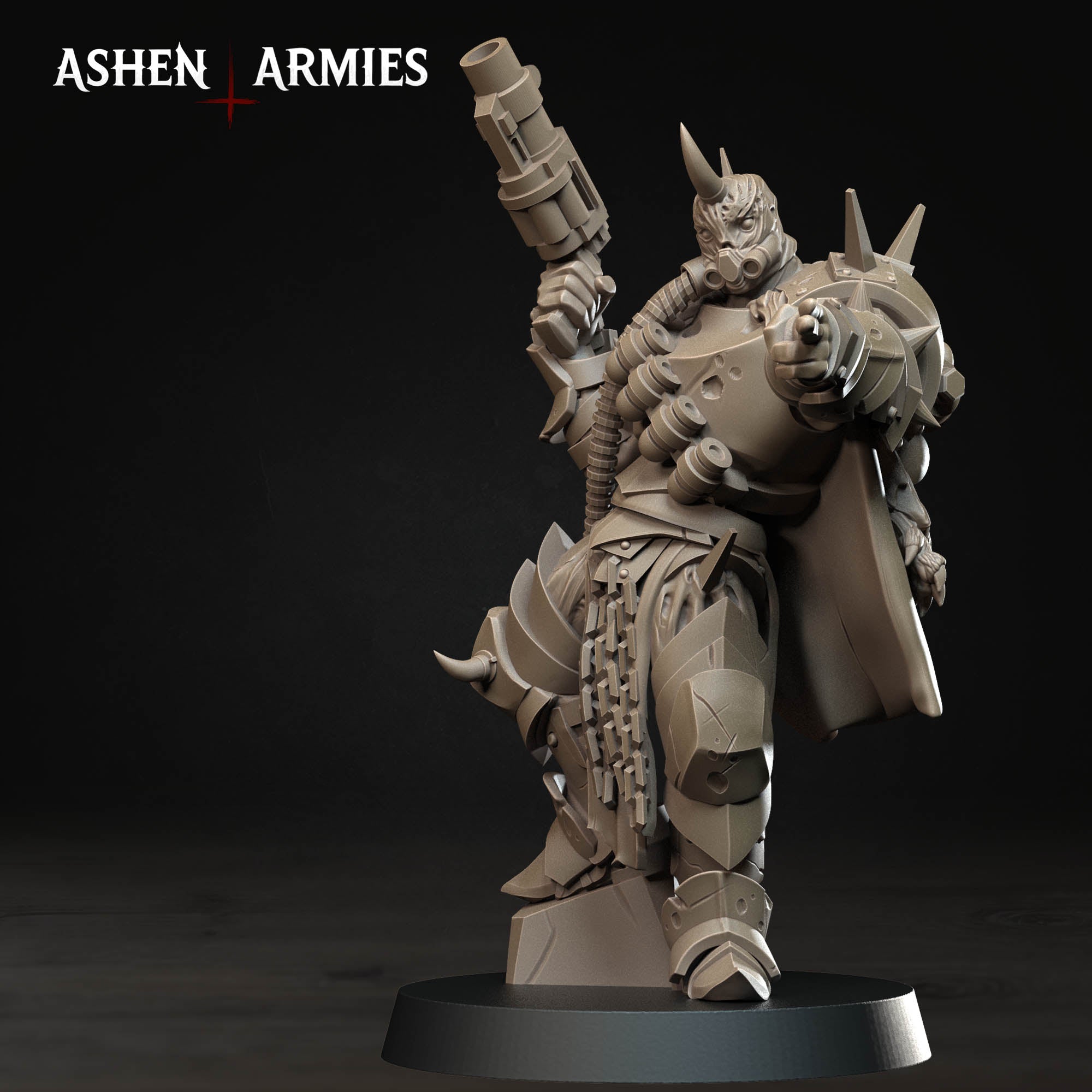 Ashen Armies Hellbound Apostasy Anointed resin miniature with grenade launcher and burnt flesh. Front view pointing and posing.