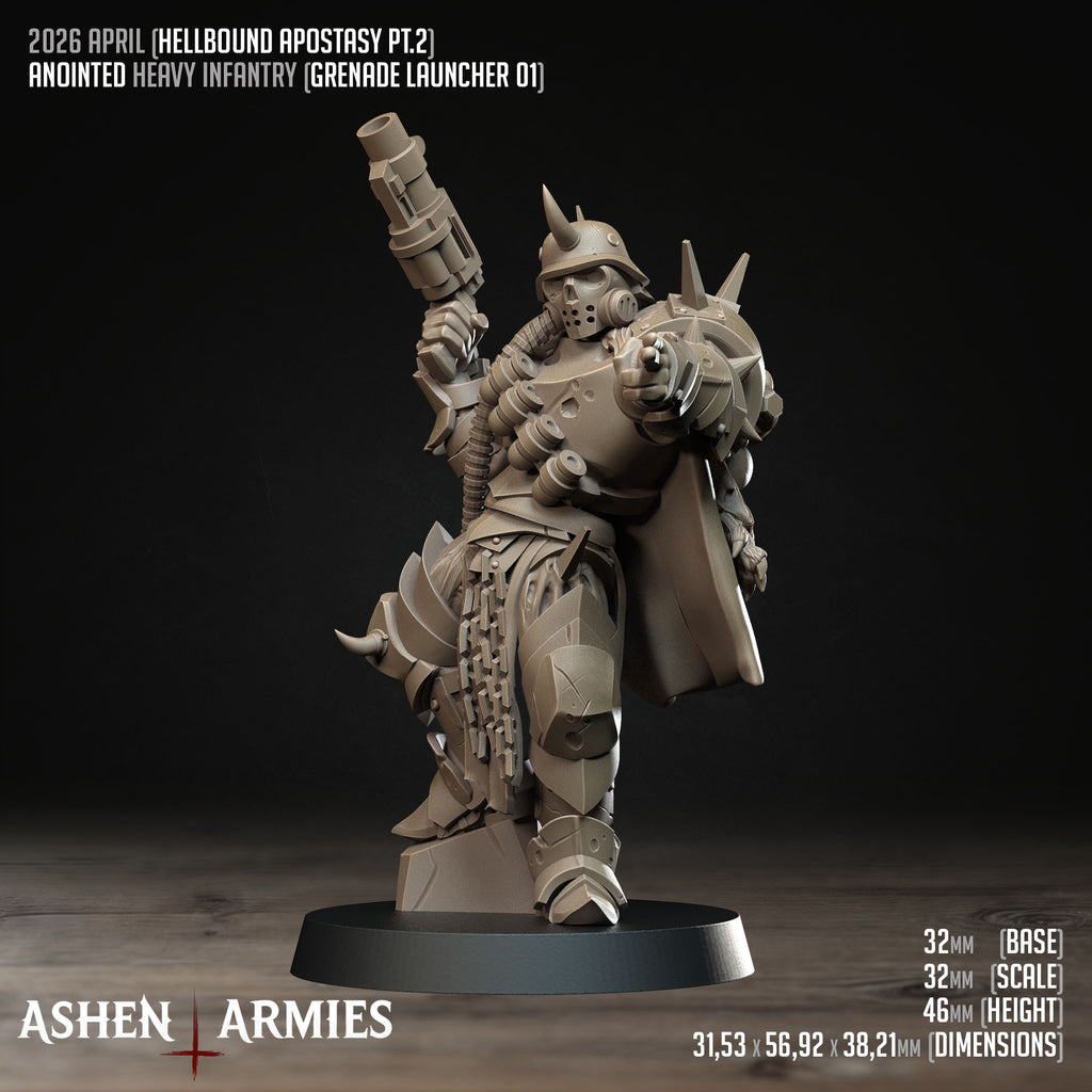 Ashen Armies Hellbound Apostasy Anointed resin miniature with grenade launcher and gas mask. Pointing and posing. Showing stats.