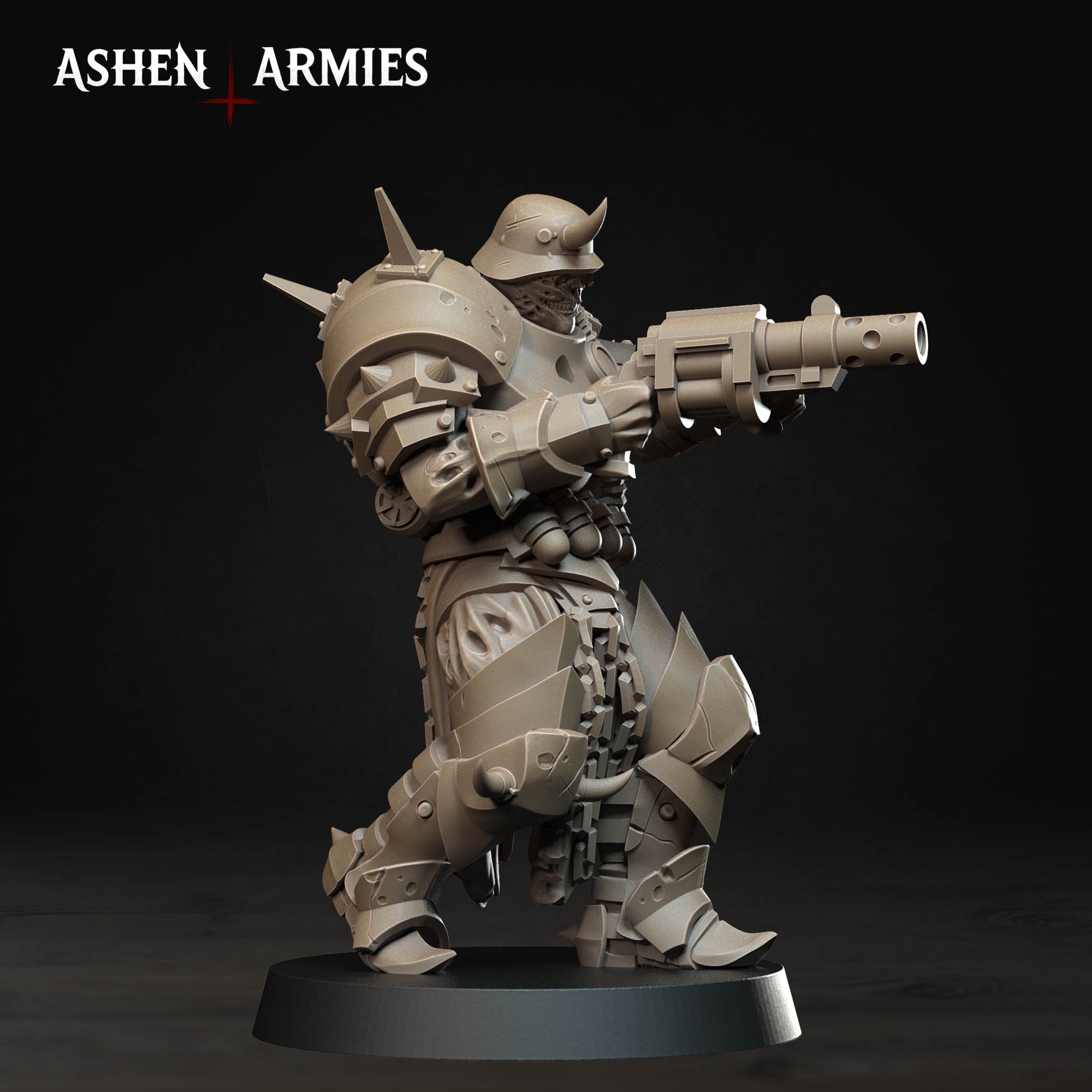Ashen Armies Hellbound Apostasy Anointed resin miniature with grenade launcher and helmet. Side view.
