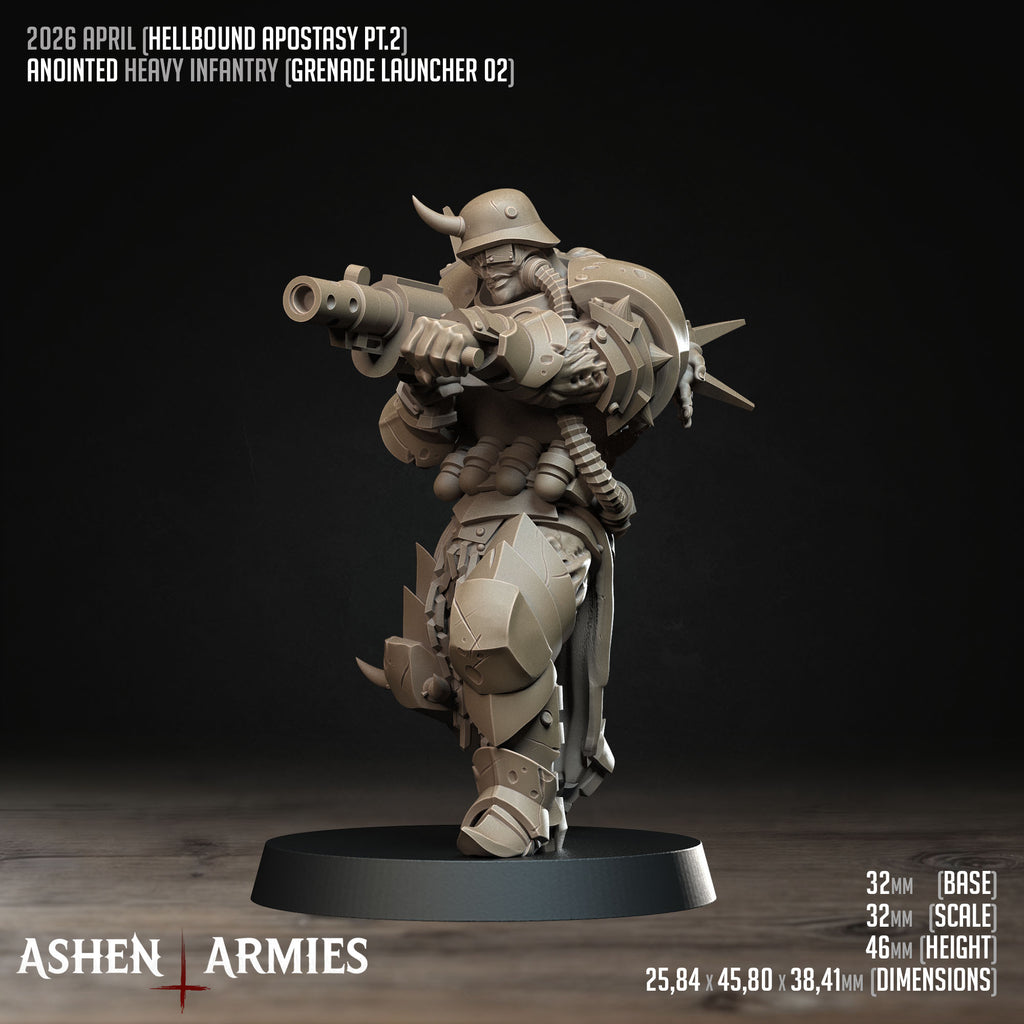 Ashen Armies Hellbound Apostasy Anointed resin miniature with grenade launcher and helmet. Front view showing stats.