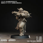 Ashen Armies Hellbound Apostasy Anointed resin miniature with grenade launcher and helmet. Front view showing stats.