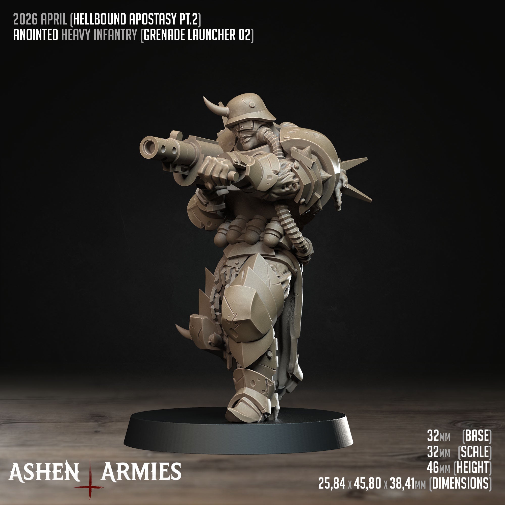 Ashen Armies Hellbound Apostasy Anointed resin miniature with grenade launcher and helmet. Front view showing stats.