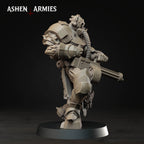 Ashen Armies Hellbound Apostasy Anointed resin miniature with heavy machinegun and gas mask. Side view.