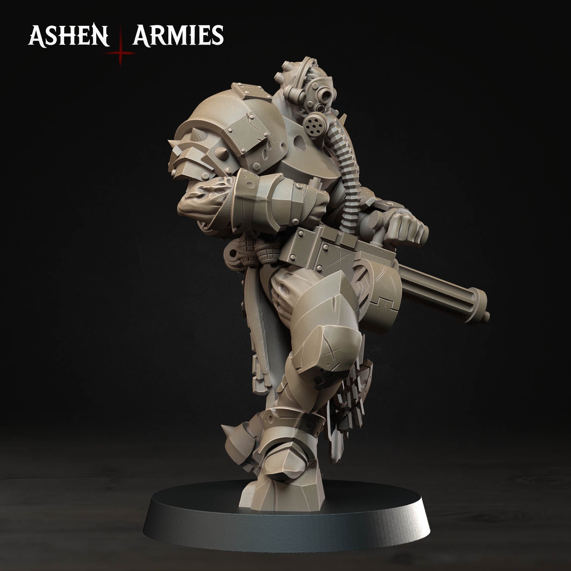 Ashen Armies Hellbound Apostasy Anointed resin miniature with heavy machinegun and gas mask. Side view.