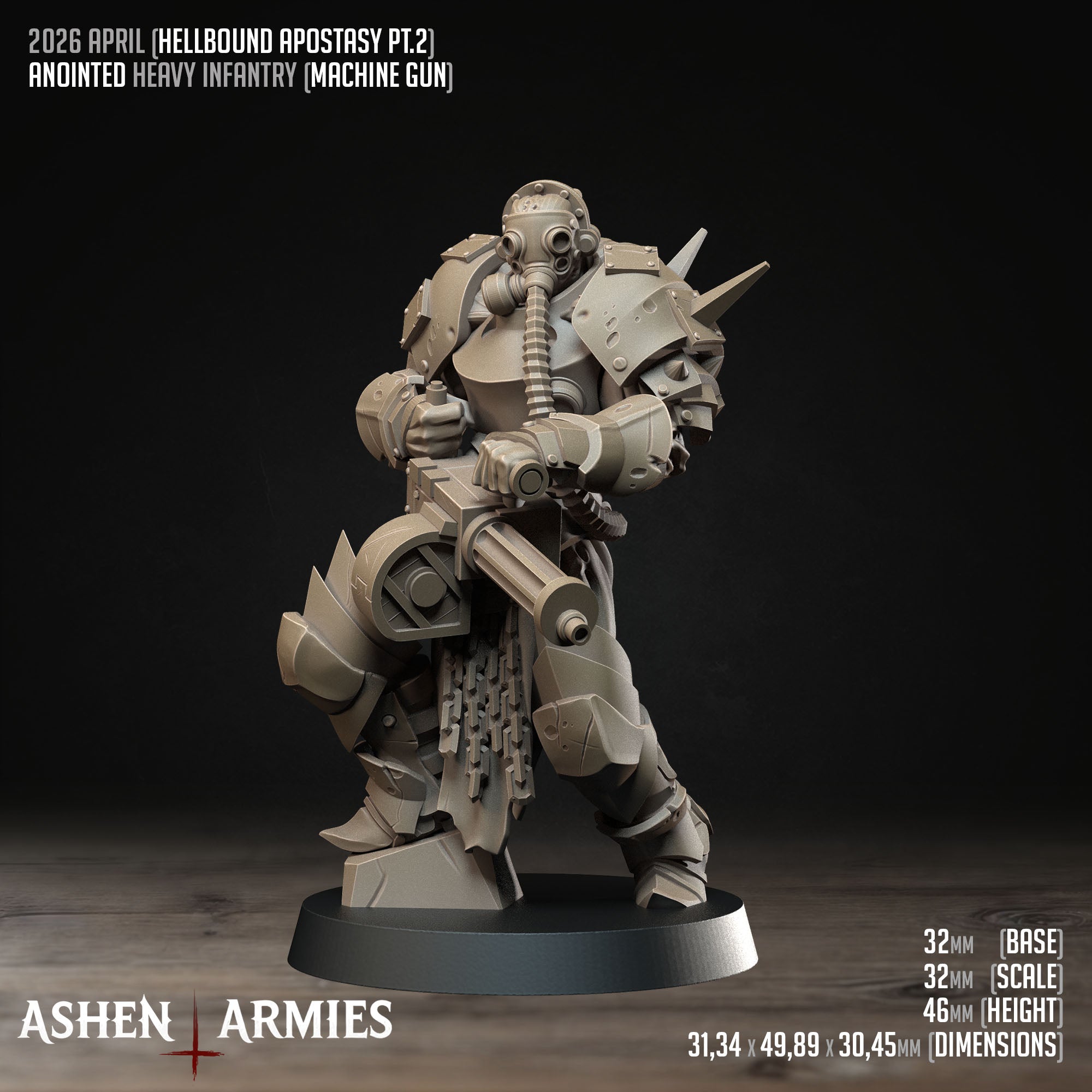 Ashen Armies Hellbound Apostasy Anointed resin miniature with heavy machinegun and gas mask. Showing stats.