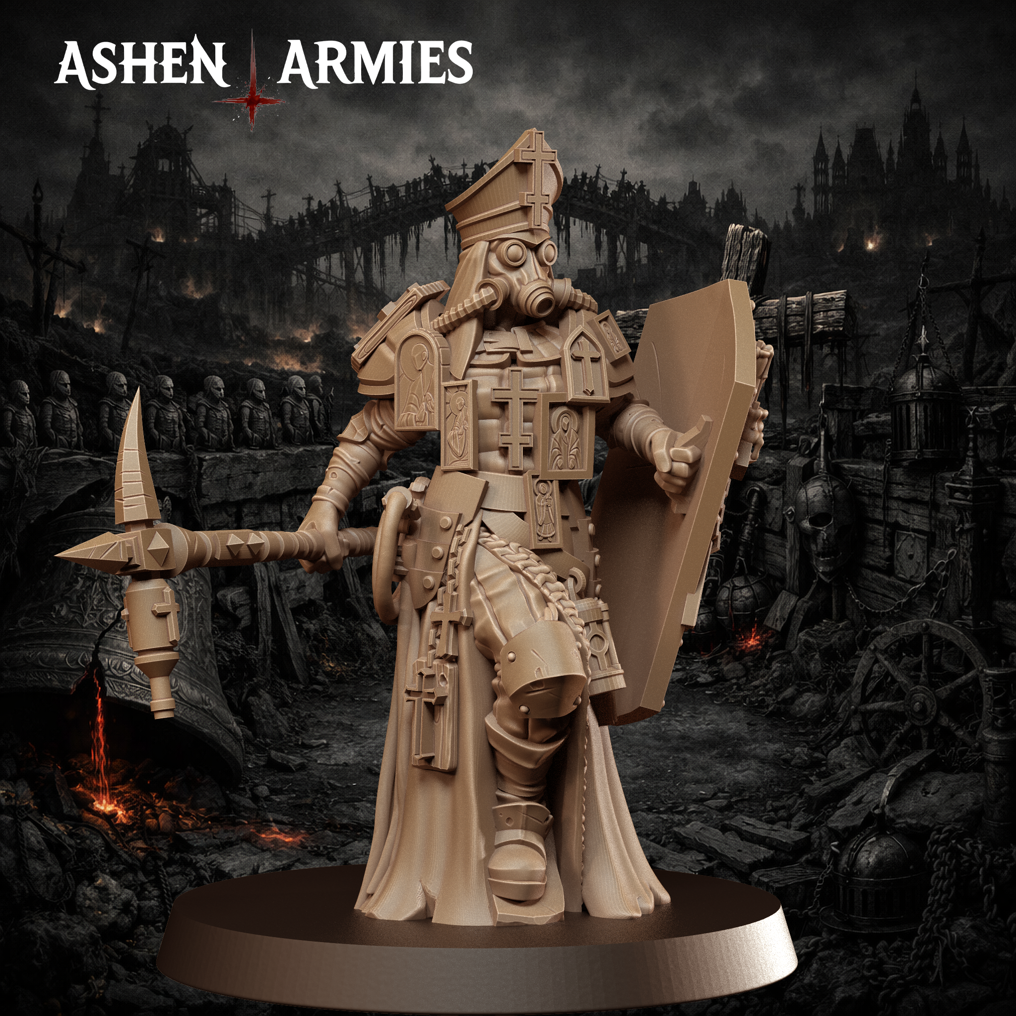 Ashen Armies Bleeding Procession Castigator with Hammer resin miniature. Front view showing Bishop's head on scenic background.