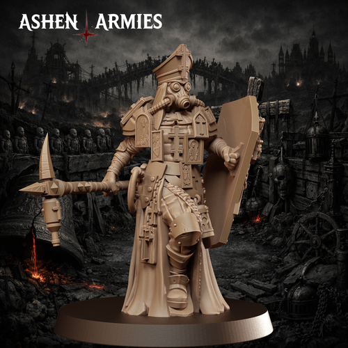 Ashen Armies Bleeding Procession Castigator with Hammer resin miniature. Front view showing Bishop's head on scenic background.