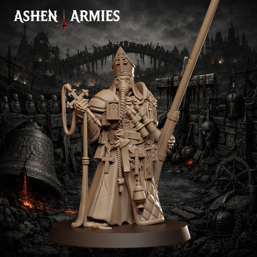 Ashen Armies Bleeding Procession Castigator with Puntgun resin miniature. Front view showing Bishop's head on scenic background.