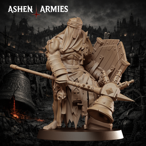 Ashen Armies Bleeding Procession Communicant resin miniature with bell mace, shield and veiled head. Scenic background.