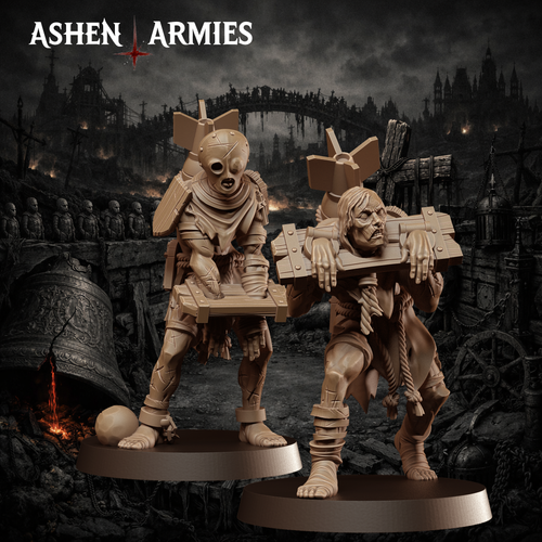 Ashen Armies Bleeding Procession Ecclesiastical Prisoner resin miniatures. Two figure in stocks with bombs strapped to them. Scenic background.