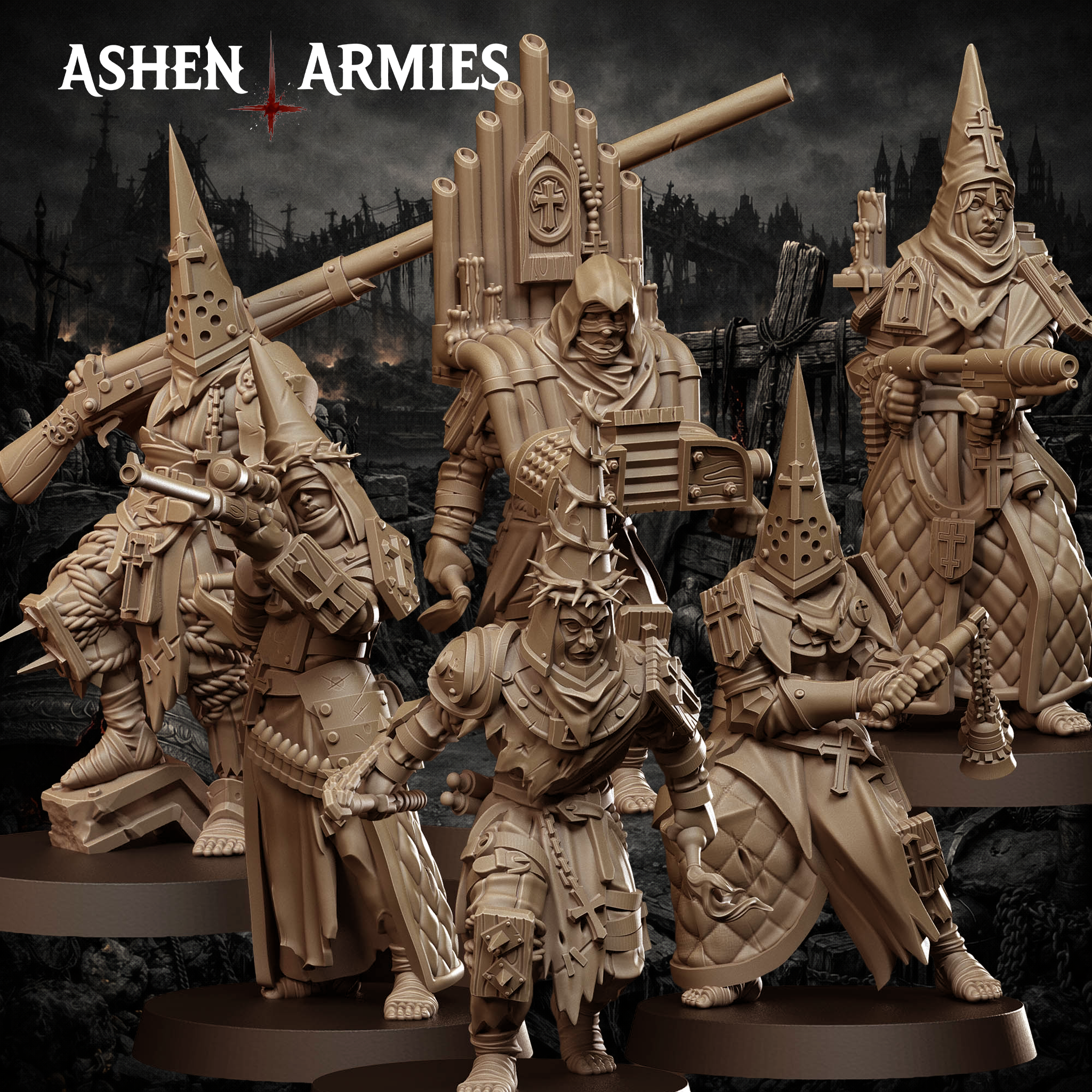 Ashen Armies Bleeding Procession Pilgrims resin miniatures - the full set.