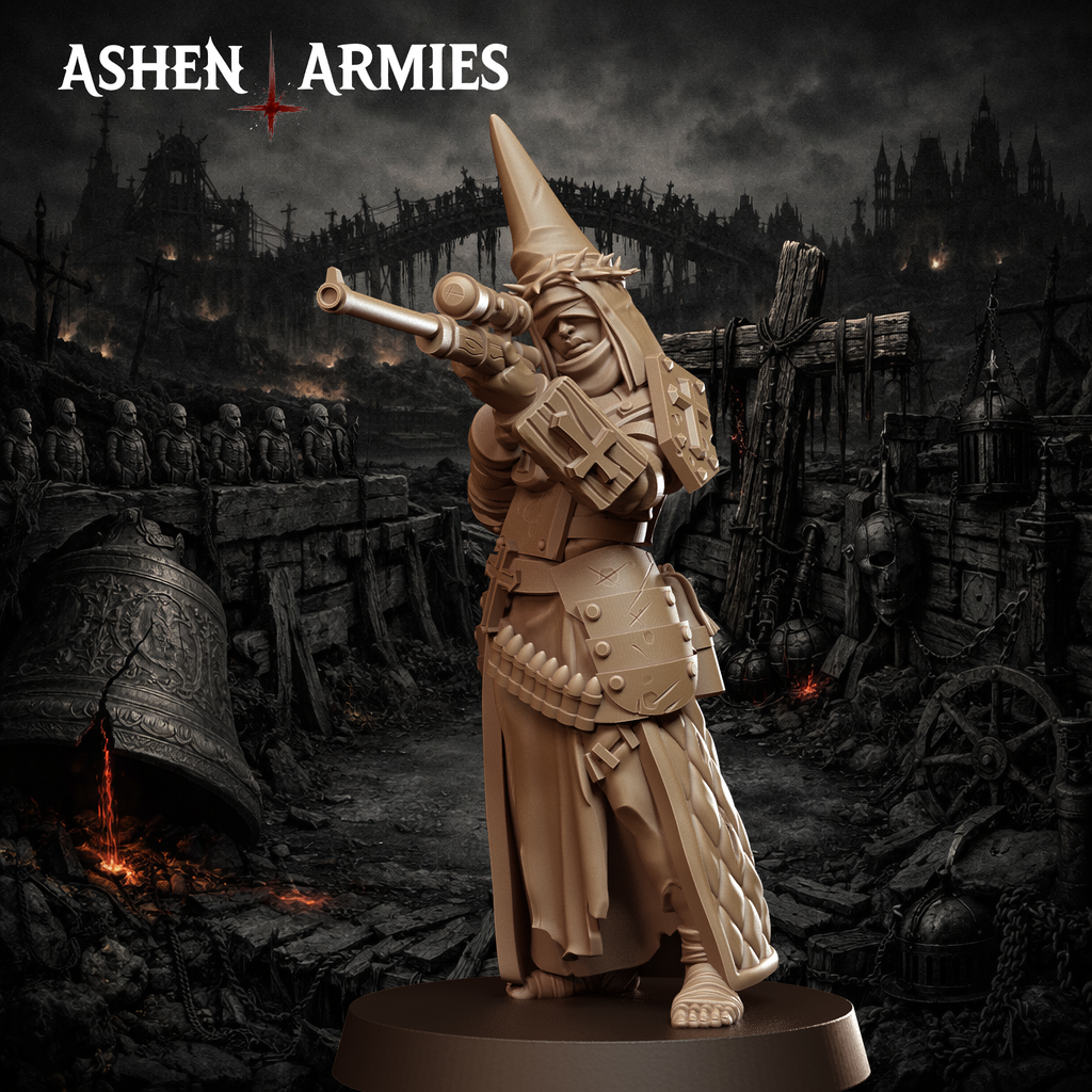 Ashen Armies Bleeding Procession Sniper Pilgrim resin miniature with a thorns head.