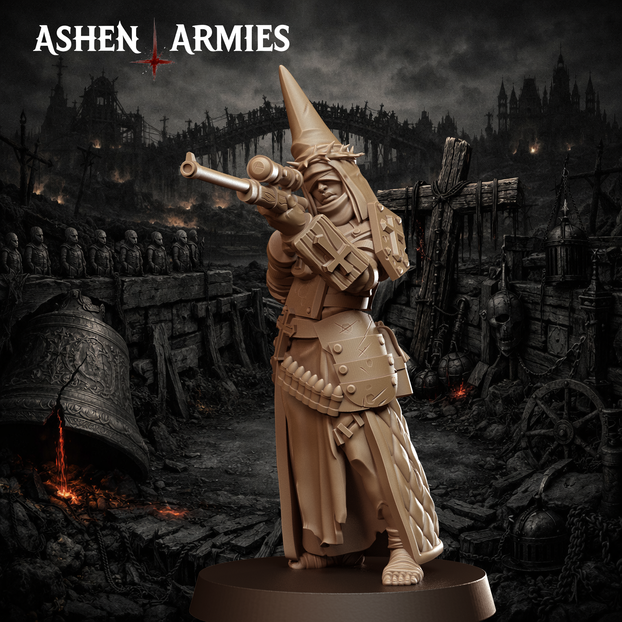 Ashen Armies Bleeding Procession Sniper Pilgrim resin miniature with a thorns head.