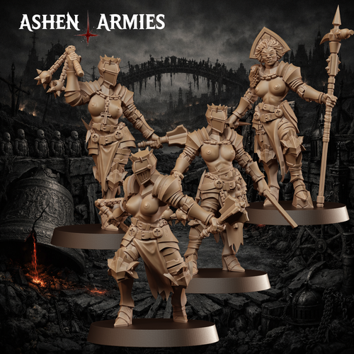 Ashen Armies Bleeding Procession Stigmatic Nun resin miniatures. Four bare chested nuns with multiple weapons facing forward. Scenic background.