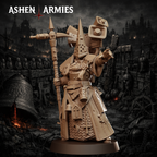 Ashen Armies Bleeding Procession War Prophet resin miniature with a capirote head. Pointing one hand and carrying some speakers.