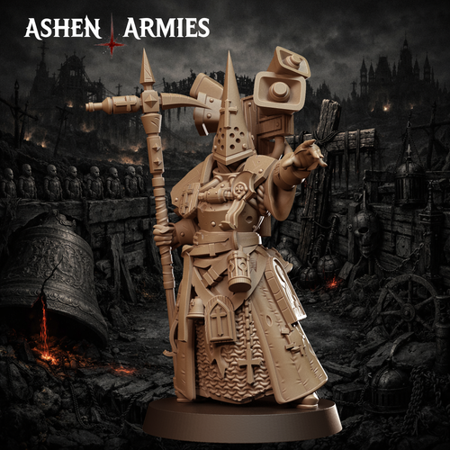 Ashen Armies Bleeding Procession War Prophet resin miniature with a capirote head. Pointing one hand and carrying some speakers.