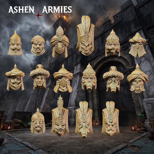 Set of 16 different heads from the Ashen Armies Gilded Dominion warband. Shown on a scenic backdrop.