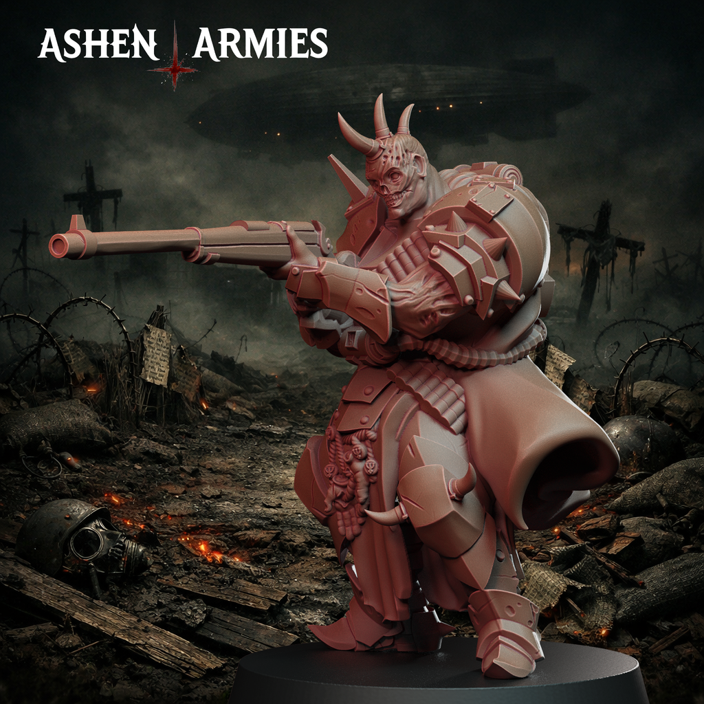 Ashen Armies Hellbound Apostasy Anointed resin miniature with anti-tank rifle and burnt flesh. Side view.