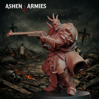 Ashen Armies Hellbound Apostasy Anointed resin miniature with anti-tank rifle and burnt flesh. Side view.