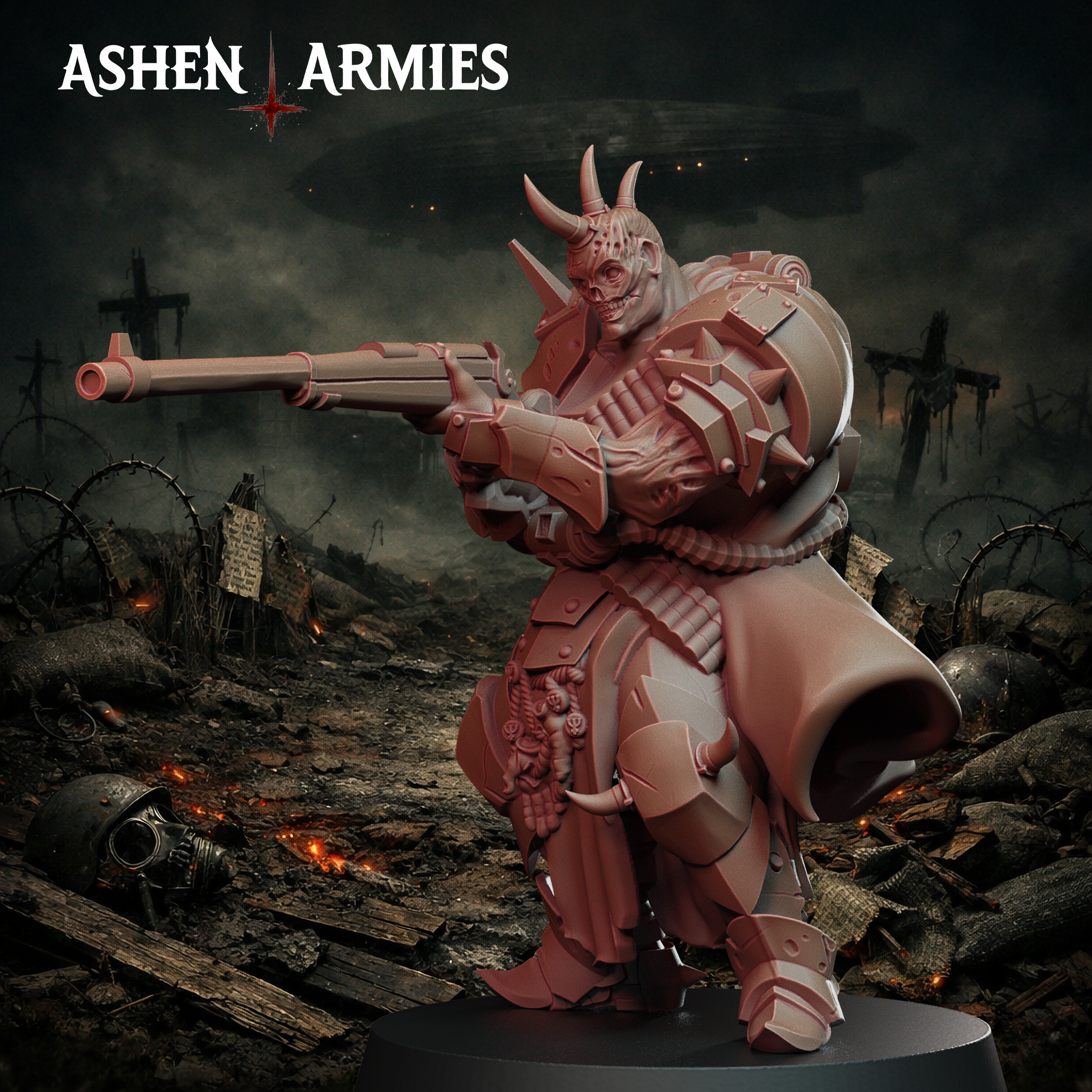 Ashen Armies Hellbound Apostasy Anointed resin miniature with anti-tank rifle and burnt flesh. Side view.
