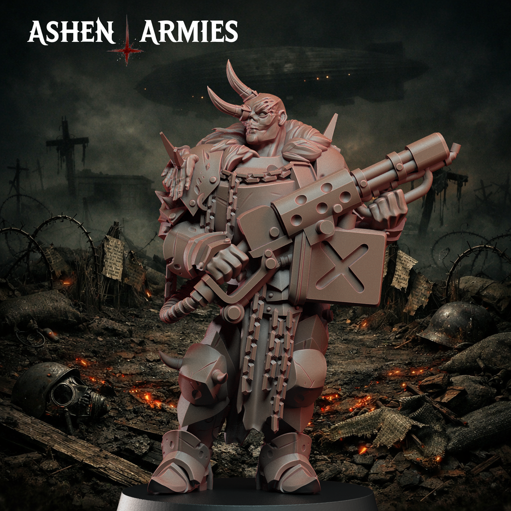 Ashen Armies Hellbound Apostasy Anointed resin miniature with flamethrower and burnt flesh. Front view posing.