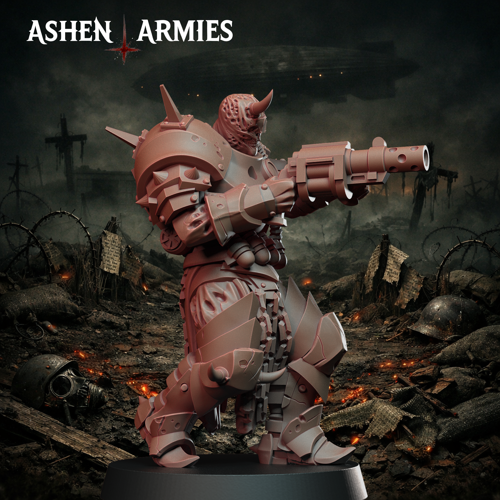 Ashen Armies Hellbound Apostasy Anointed resin miniature with grenade launcher and burnt flesh. Side view.