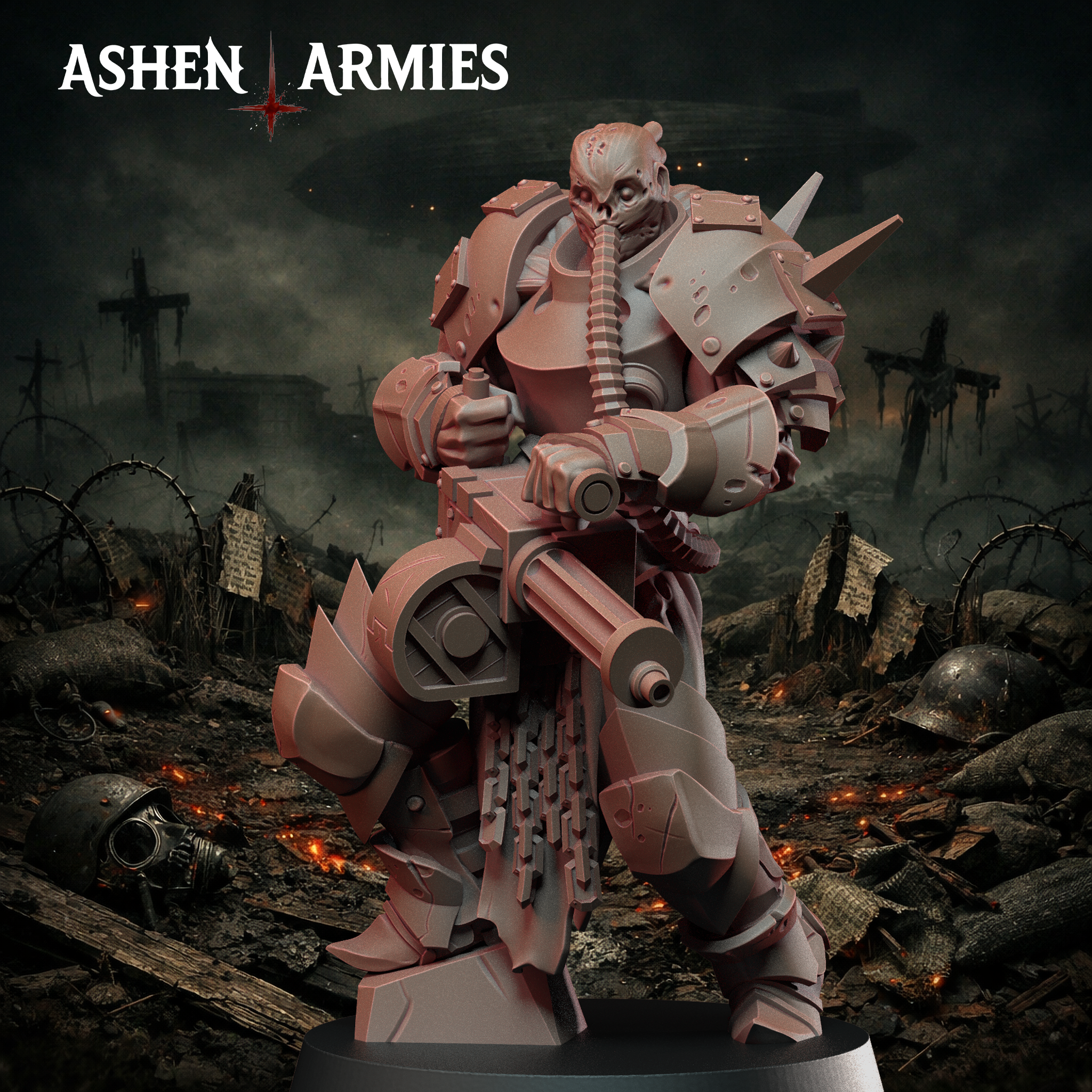 Ashen Armies Hellbound Apostasy Anointed resin miniature with heavy machinegun and burnt flesh.