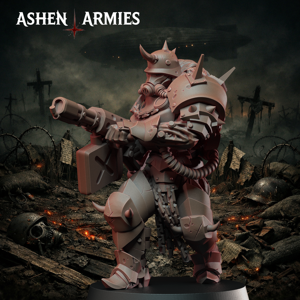Ashen Armies Hellbound Apostasy Anointed resin miniature with flamethrower and gas mask. Attacking.