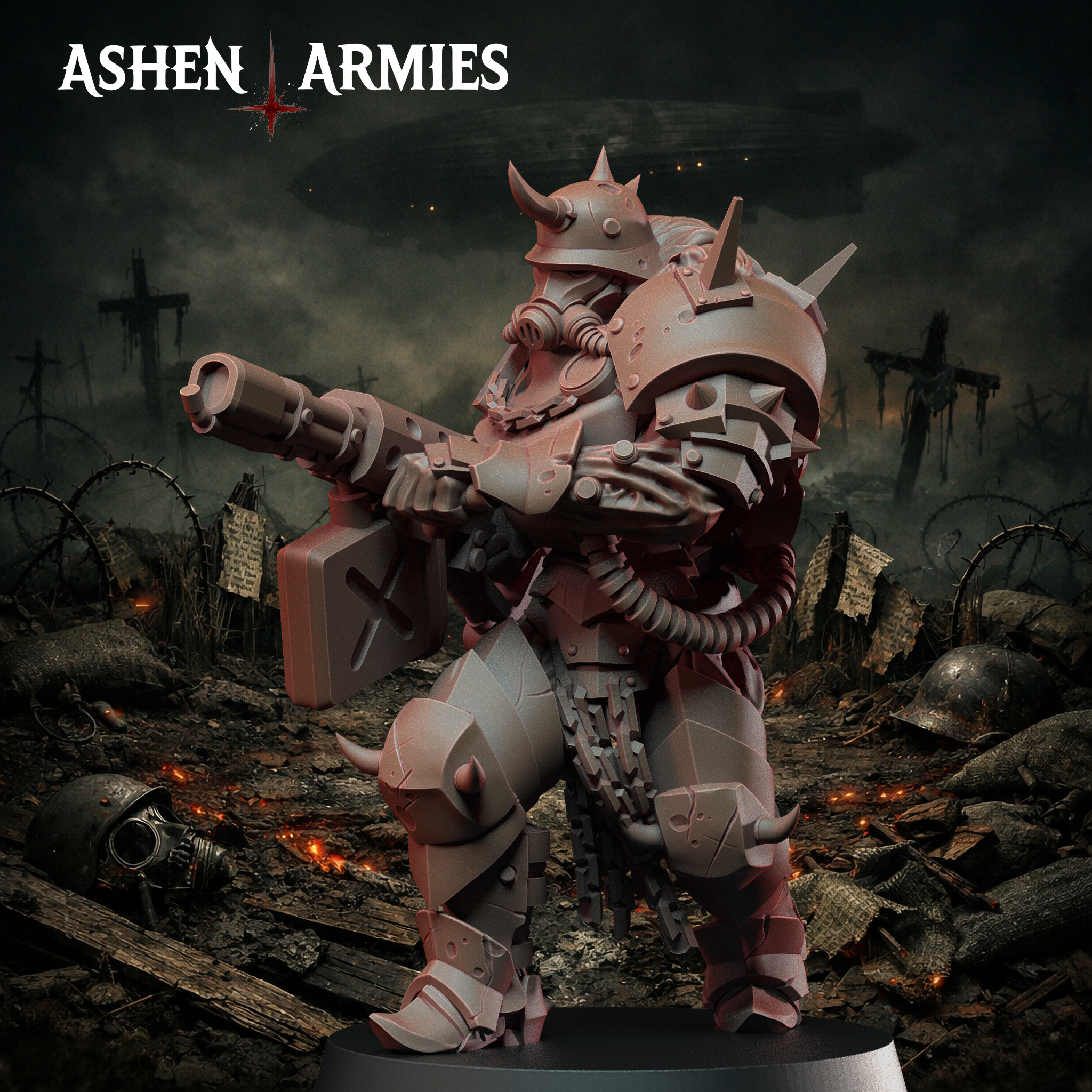 Ashen Armies Hellbound Apostasy Anointed resin miniature with flamethrower and gas mask. Attacking.