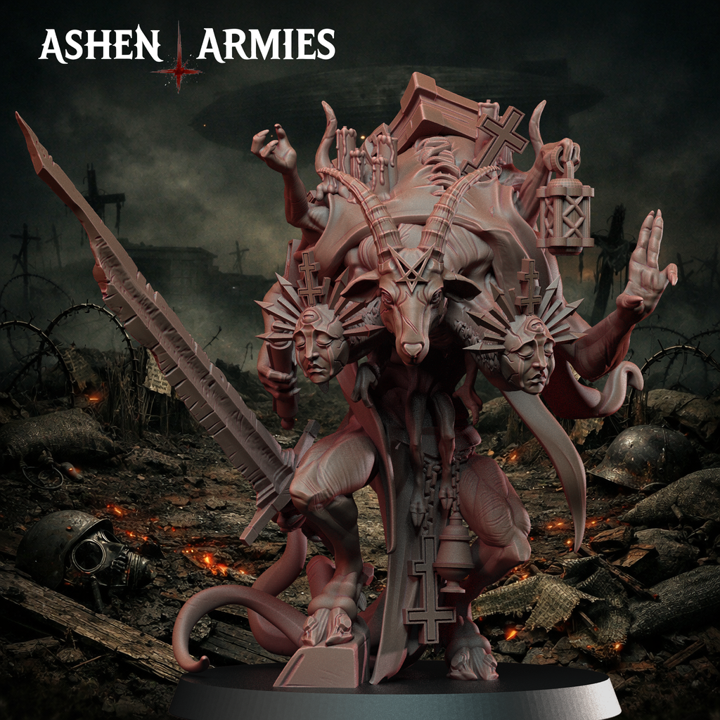 Ashen Armies Hellbound Apostasy Scripture Guardian resin miniature. Front view showing goat head on scenic background.
