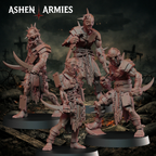 Ashen Armies Hellbound Apostasy Wretched resin miniatures. Four wretched with multiple knives facing forward. Scenic background.